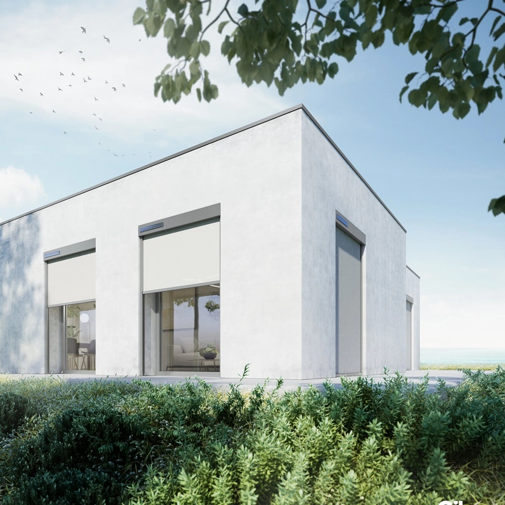 Solar click zip screen op witte woning met uitzicht op een tuin