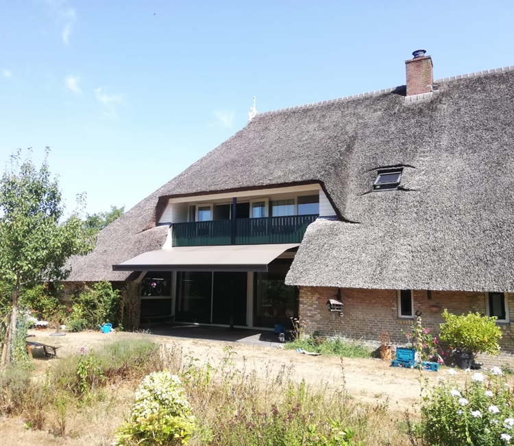 Zon en regenscherm boven terras bij rietgedekte woning voor beschutting