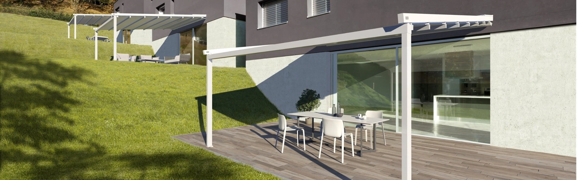 Schuine overkapping Jeans geplaatst op een terras van een moderne woning op een heuvel