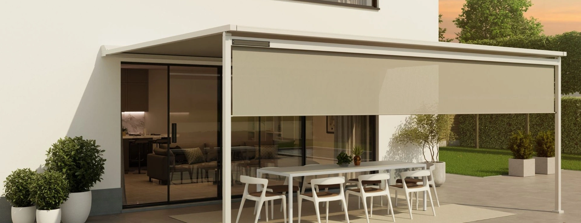 Witte overkapping Versuz Solar met doek en zipscreen