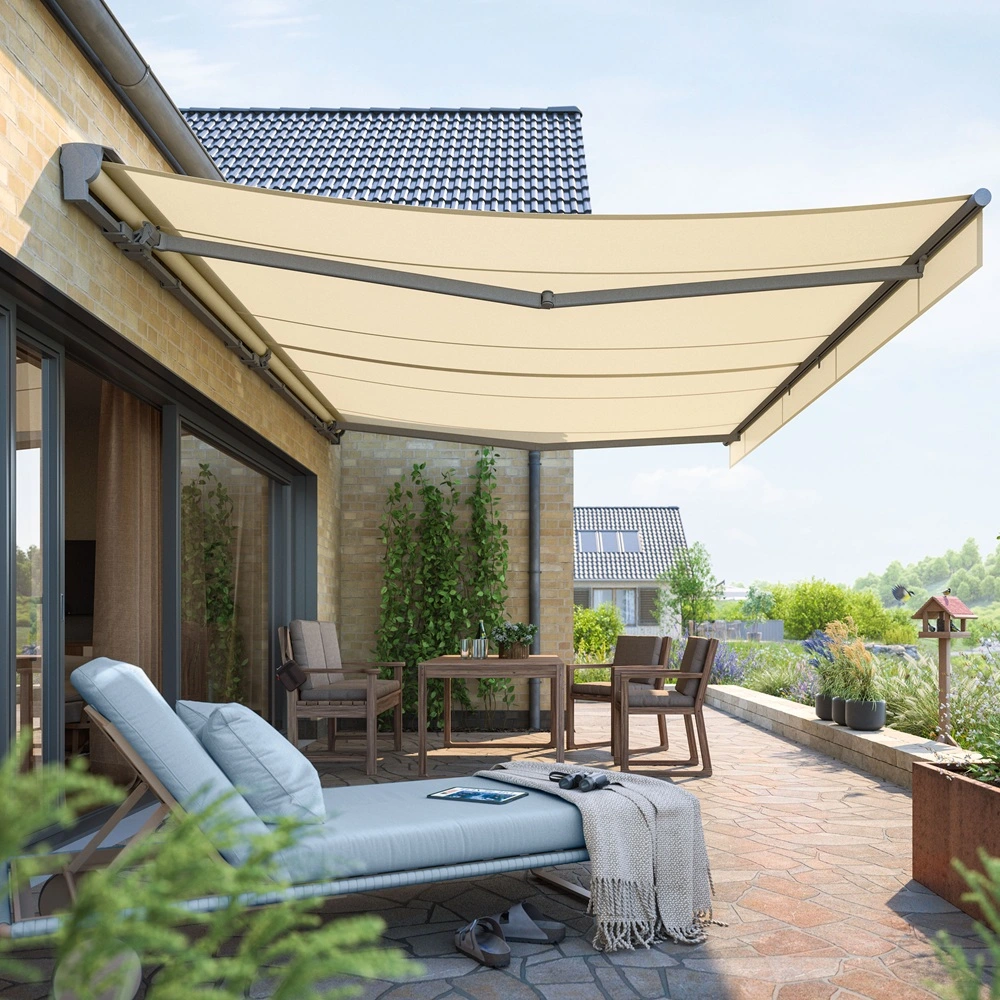 weinor topas ii knikarmscherm zonnescherm op terras bij woning veldman zonwering